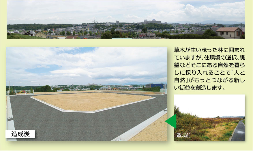 草木が生い茂った林に囲まれていますが、住環境の選択、眺望などそこにある自然を暮らしに採り入れることで「人と自然」がもっとつながる新しい街並を創造します。